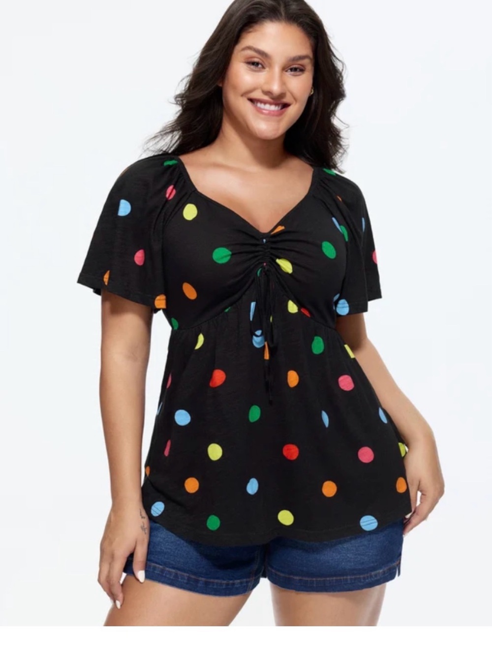 BloomChic Cotton Stretchy Colorful Dot Print Drawstring Babydoll Top US 22-24/3X
